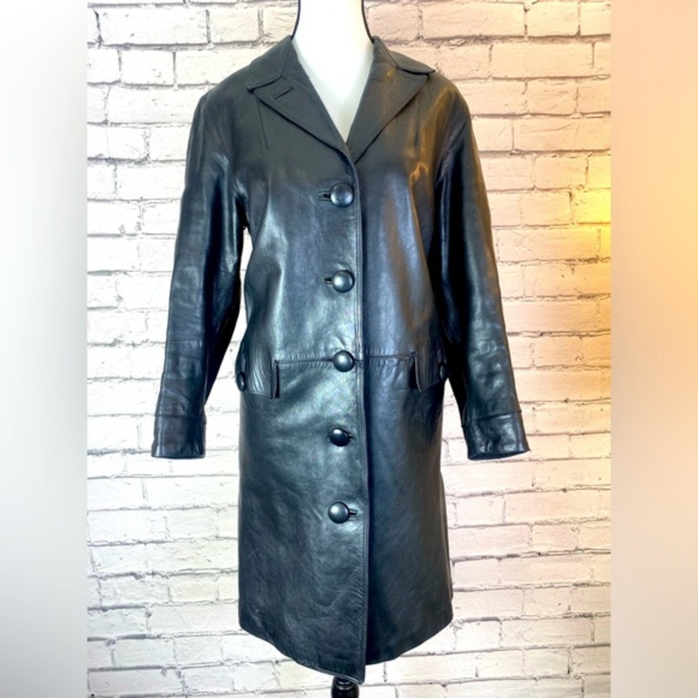 Stanley Blacker Black Vintage Long Leather Trench Jacket size Medium/Large EUC